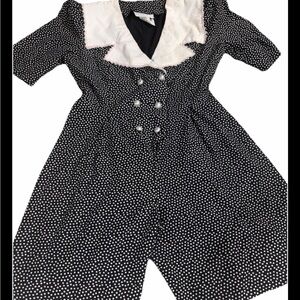 Vintage Black and White Polka Dot Romper Tie Waist Size Small